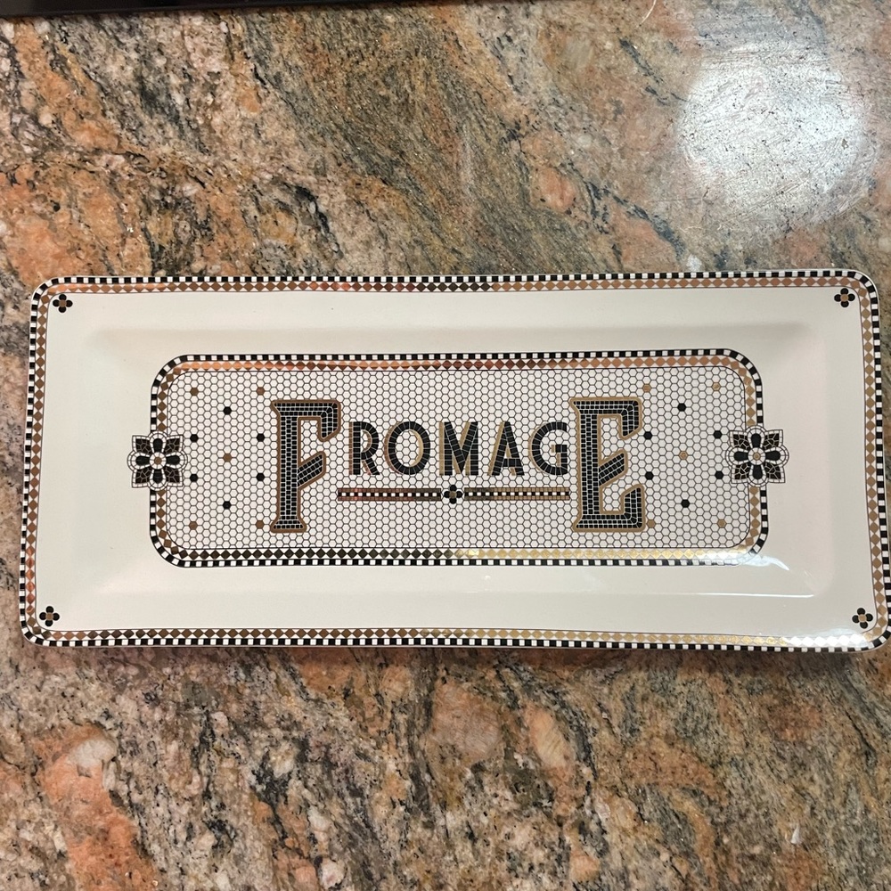 Large Rectangular New Anthropologie Fromage Cheese Plate Ceramic Gold & Black
